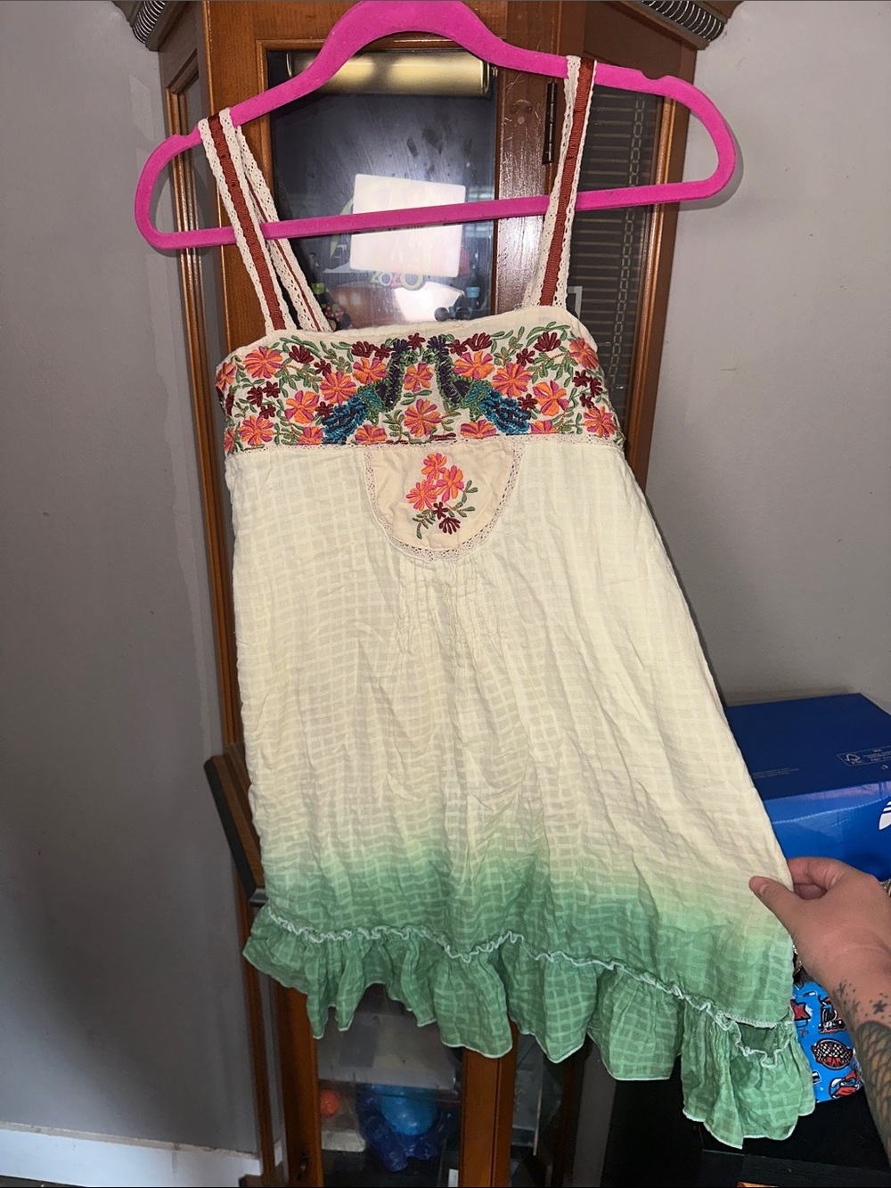 Shoreline Cream to Green Ombre Sundress with Floral Embroidered Bodice